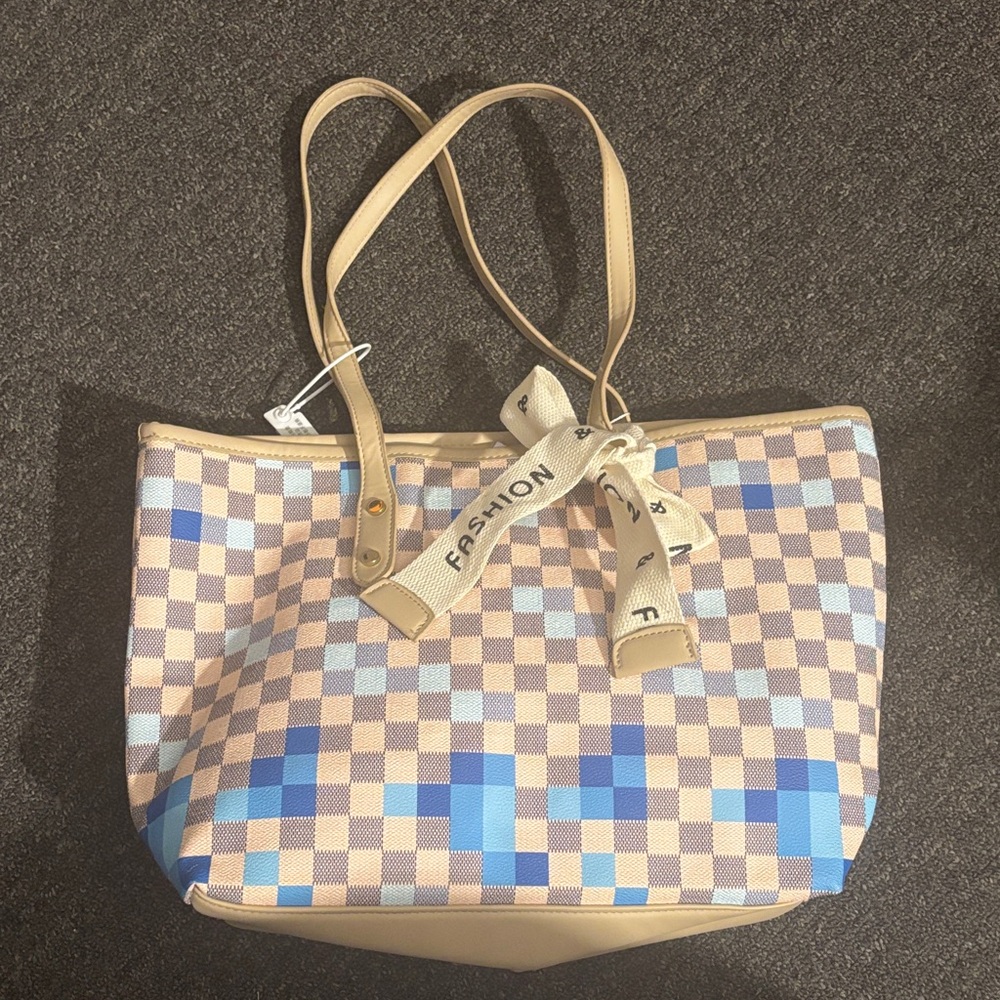 Checkered Tote Bag - Tan and Blue -about 40cm
